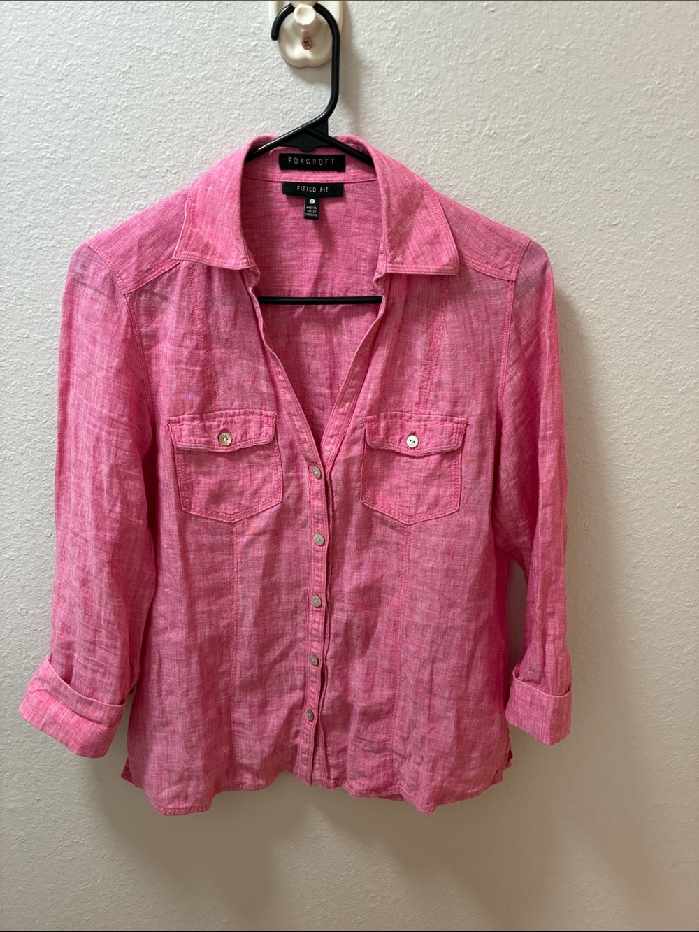 Foxcroft Pink Button-Front Linen-Blend Shirt